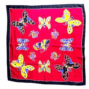 Vintage silk scarf red square black border & mod multi color butterflies motif